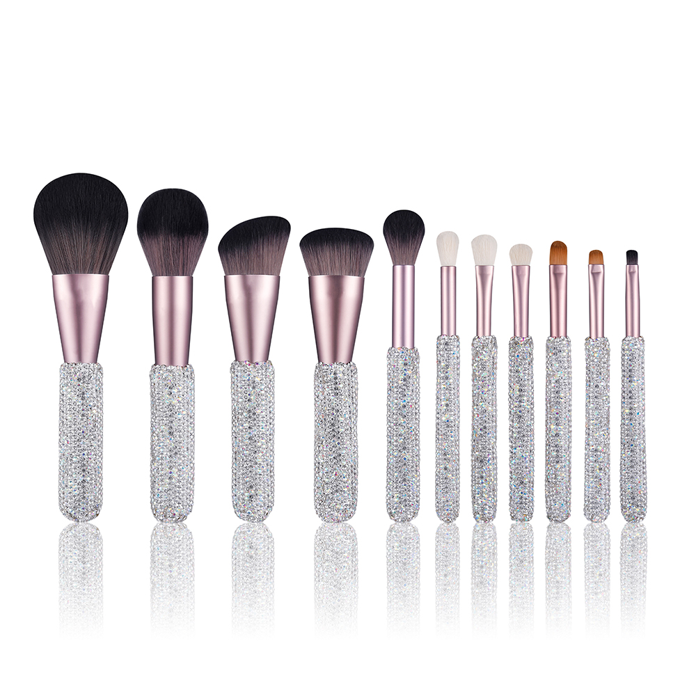 Gracedo 11pcs Custom Logo Diamond Bling Natural Hair Face Makeup Brush Set Pink Red Gift Glitter Luxury Cute