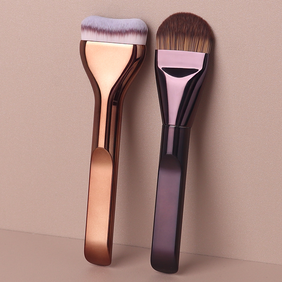 4Pcs Curved Foundation &amp; Contour Brushes Set with Premium Synthetic Hair Bristles Metal Rose Gold Handle for Face Makeup