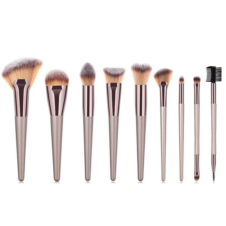 2024 Latest High Quality Custom Professional Wood Long Handle Champagne Glitter Brown Contour 9pcs Makeup Cosmetic Brush Set