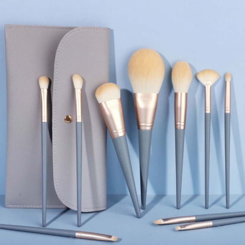 Portable Travel Makeup Brush Set 10Pcs - All-in-One Blending Kabuki Face Powder Brush Kit with Pouch