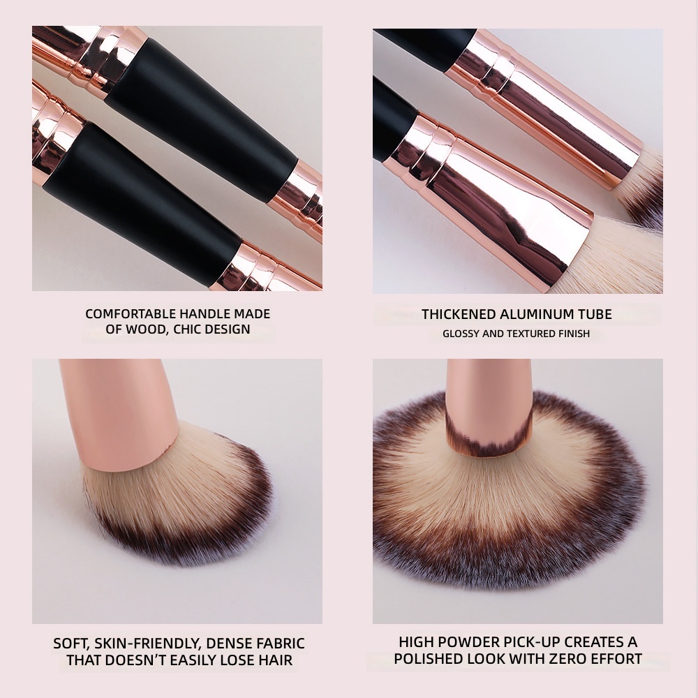 5 Piece Dual Ended Makeup Brush Set Ultra Soft Synthetic Bristles Matte Black Wood Handle Rose Gold Ferrule Travel Friendly