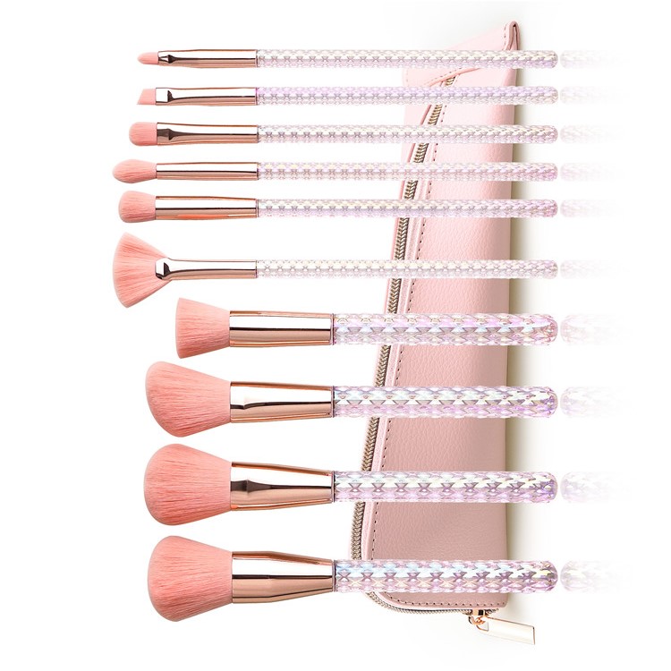 10 Pcs Private Logo Pink Diamond Plastic Handle Synthetic Hair Portable Face Eyebrow Pencil Luxury Makeup Brush Set High Quality