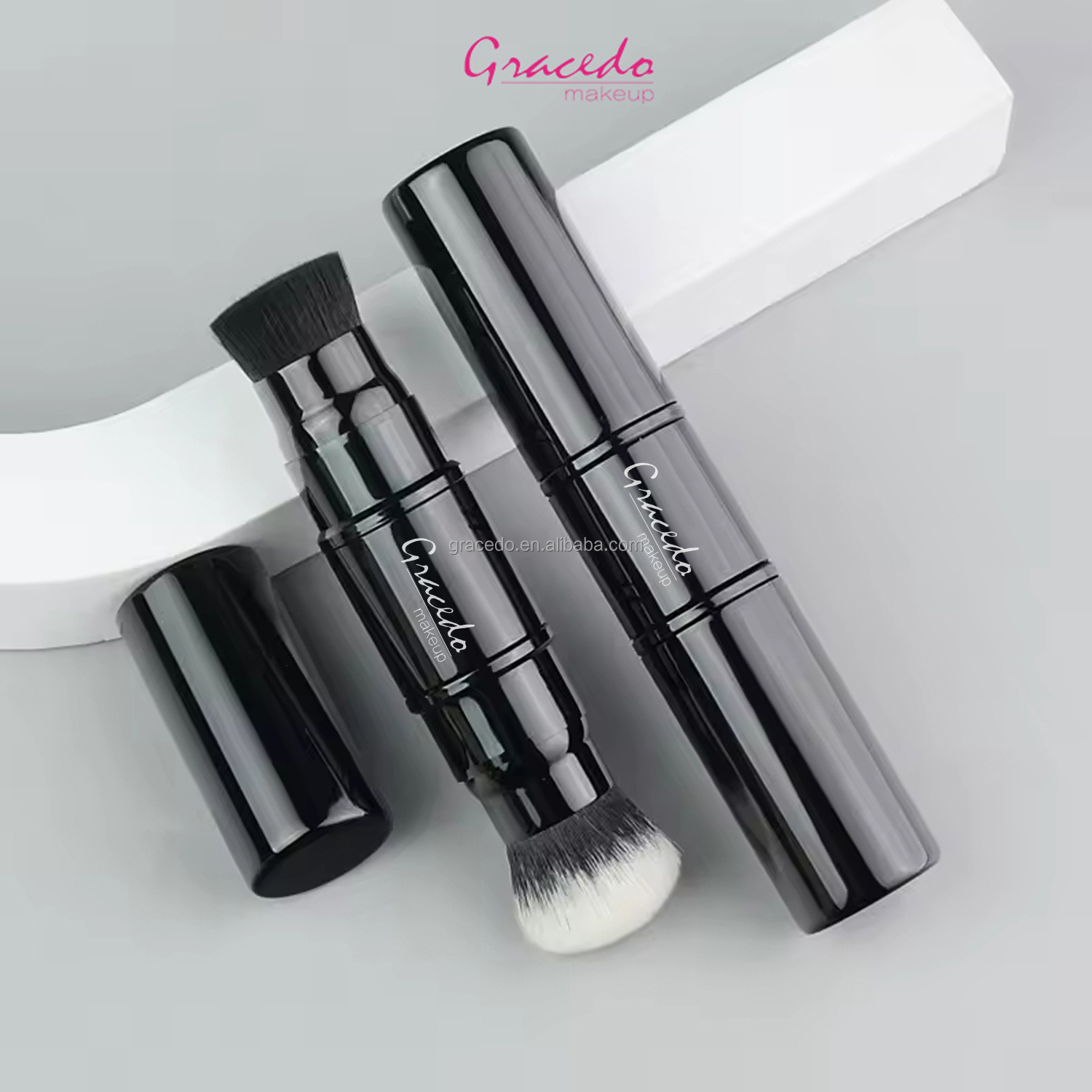 Custom Double Head Retractable Synthetic Hair Face Makeup Brush Black White Dual Ended Foundation Powder Brush Factory Wholesale