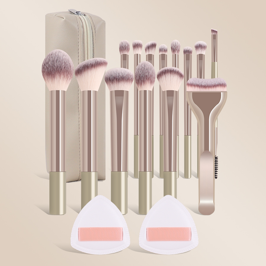 14-Piece Professional Face Makeup Brush Set with Synthetic Hair Flat Brushes Gold Metal Handle Travel Case &amp; Powder Puffs