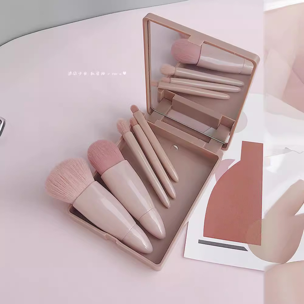 5pcs Easy-Taken Travel Makeup Brush Set with Mirror Complete Function Mini Cosmetic Brushes Kit for Face &amp; er