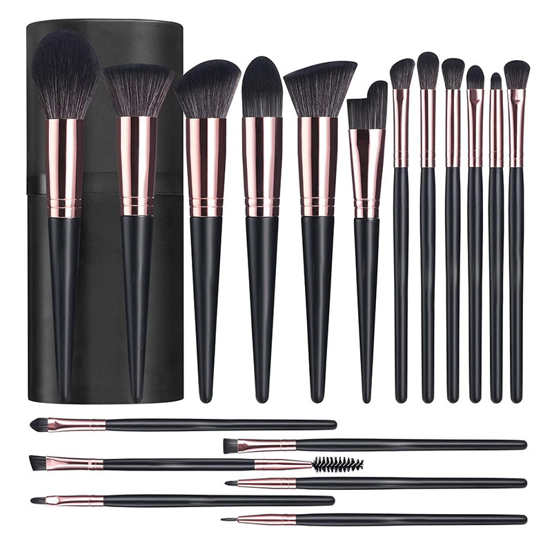 HMU Luxury Vegan Synthetic Hair 15-Piece Makeup Brushes Set Wood Handles Copper Ferrules Angular Blush Design for Face Eye Use