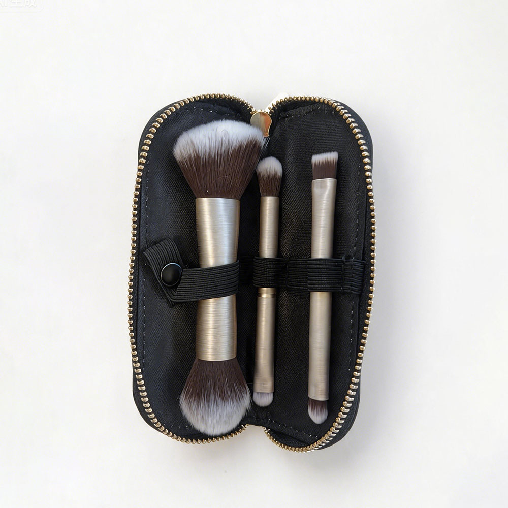 Custom 3Pcs Professional Makeup Brush Set Synthetic Hair Concealer Blush Contour Brush with Aluminum Ferrule and Storage Pouch