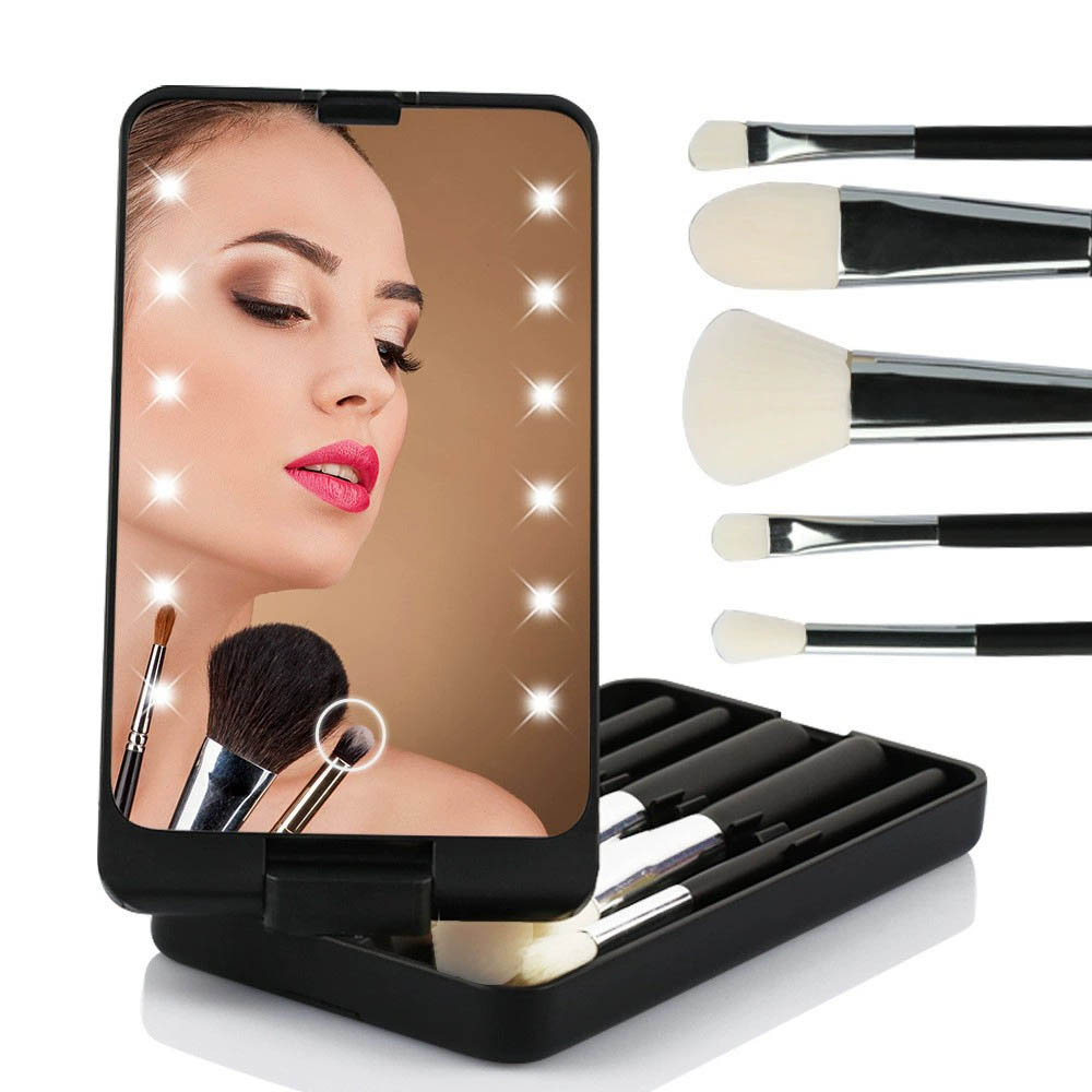 MV Travel Makeup Brush Set with LED Light Mirror 5-Piece Synthetic Hair Face Makeup Kit with Holder Case and Mirrors