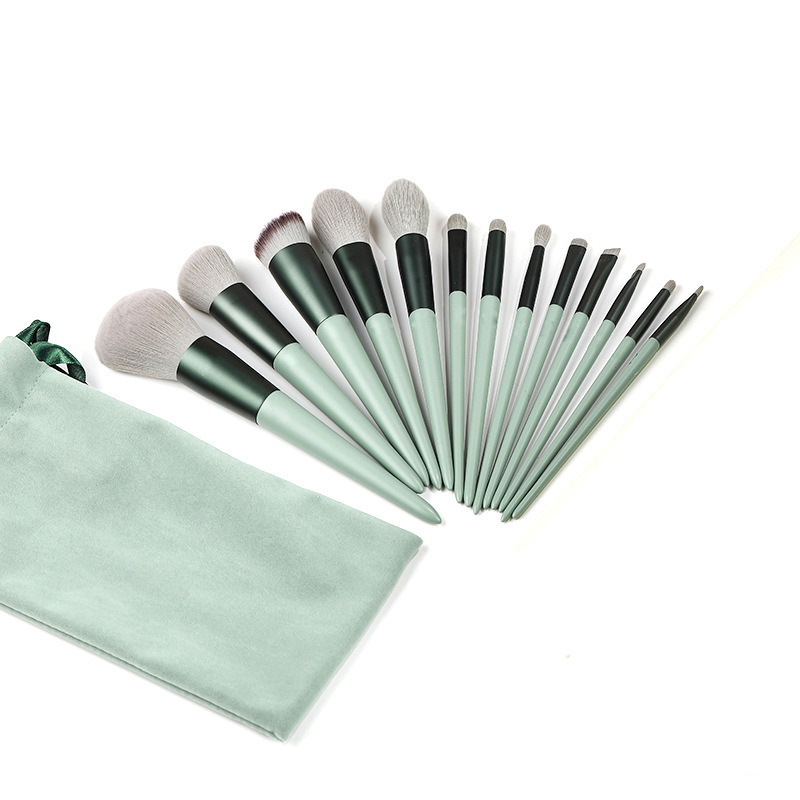 13 PCS Makeup Brush Set Premium Synthetic Green Foundation Blending Blush Face Powder Makeup Brush Kit