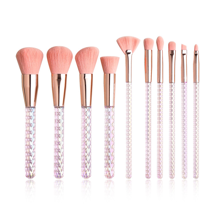 10 Pcs Private Logo Pink Diamond Plastic Handle Synthetic Hair Portable Face Eyebrow Pencil Luxury Makeup Brush Set High Quality