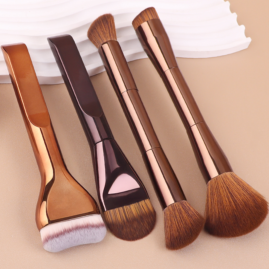 4Pcs Curved Foundation &amp; Contour Brushes Set with Premium Synthetic Hair Bristles Metal Rose Gold Handle for Face Makeup