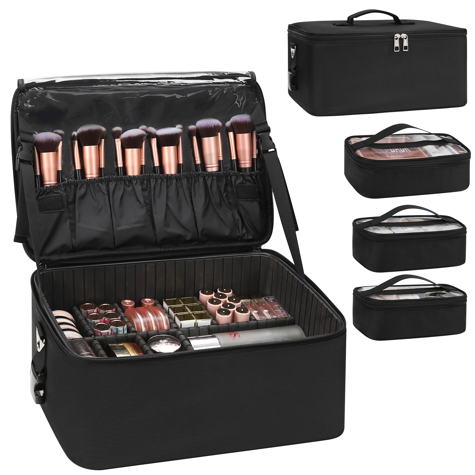 RelaveI Adjustable Makeup Organizer with 3 Sets of Clear Pockets Brush Holder and Cosmetic Bags &amp; Cases