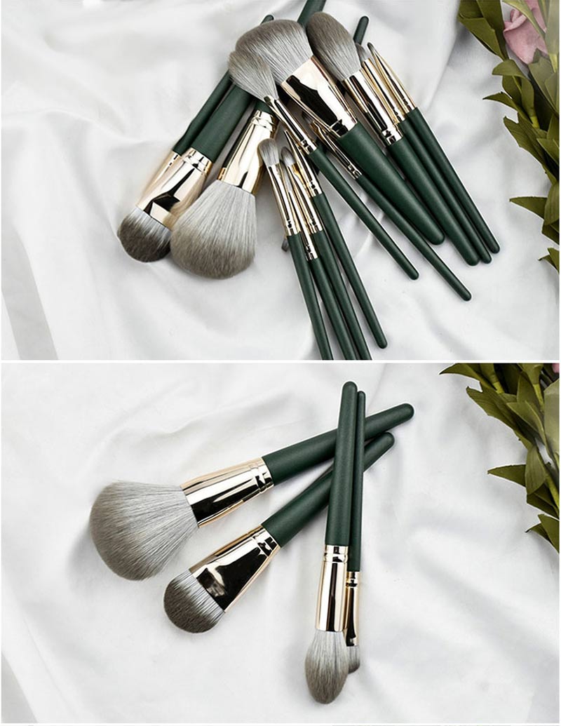 Private Label 14pcs Green Wooden Handle Cosmetic Makeup Brush Kits Natural Hair Vegan Makeup Brushes Set