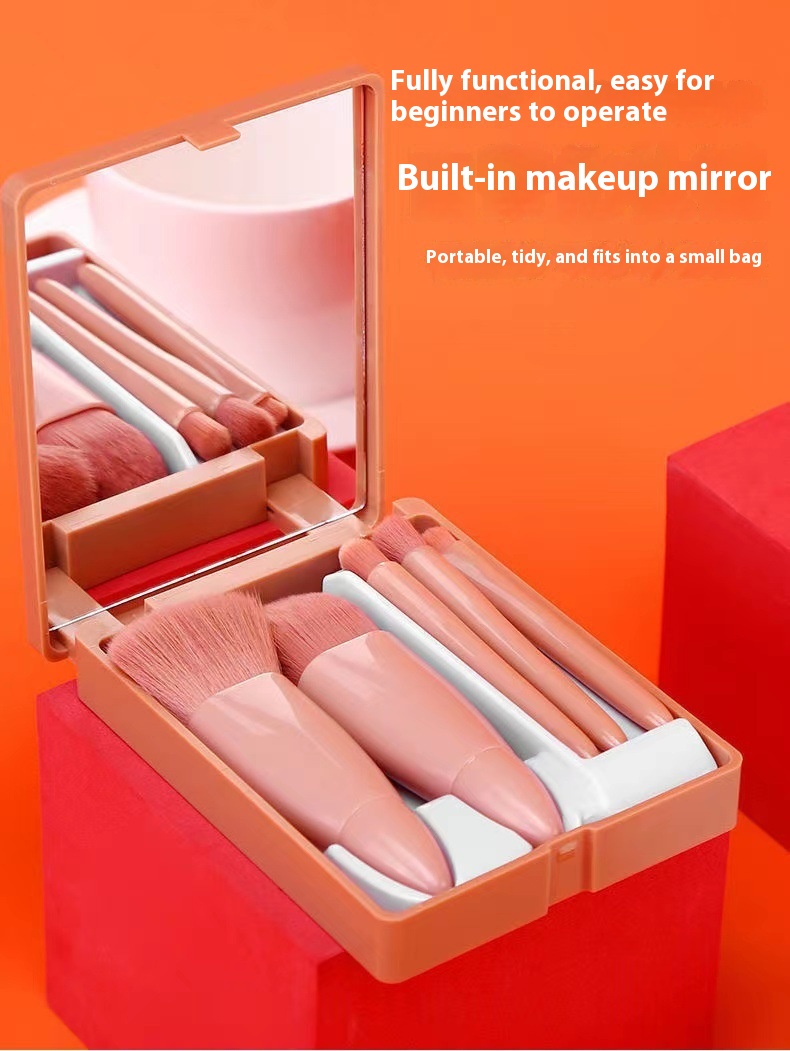 Multifunctional Portable Beauty Tools 5pcs Cosmetic Brush Set with Mirror Powder and Blush Brush for Face Application