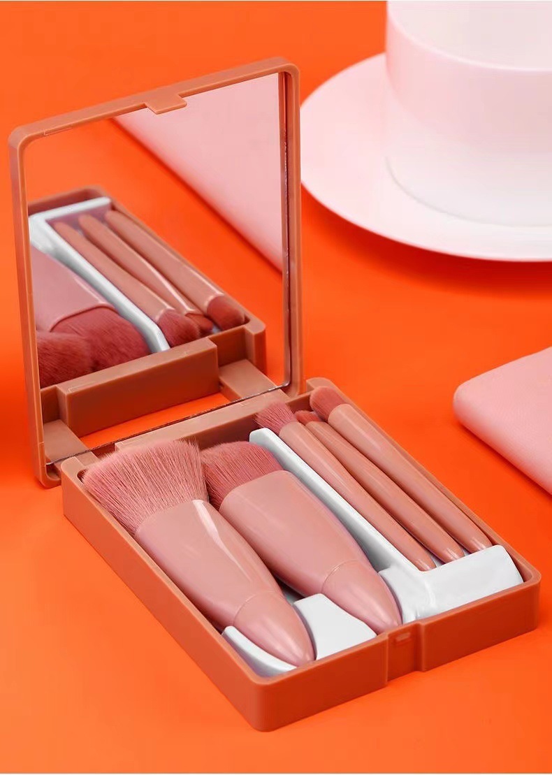 Multifunctional Portable Beauty Tools 5pcs Cosmetic Brush Set with Mirror Powder and Blush Brush for Face Application