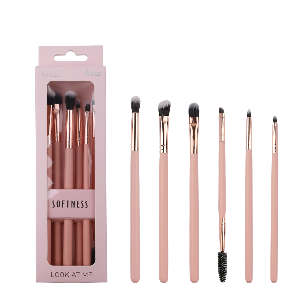 Eco-friendly Wooden Handle Synthetic Hair Custom logo Wholesale Supply 6-pieces pink Makeup Brush Set Eyes Eyeshadow Brush