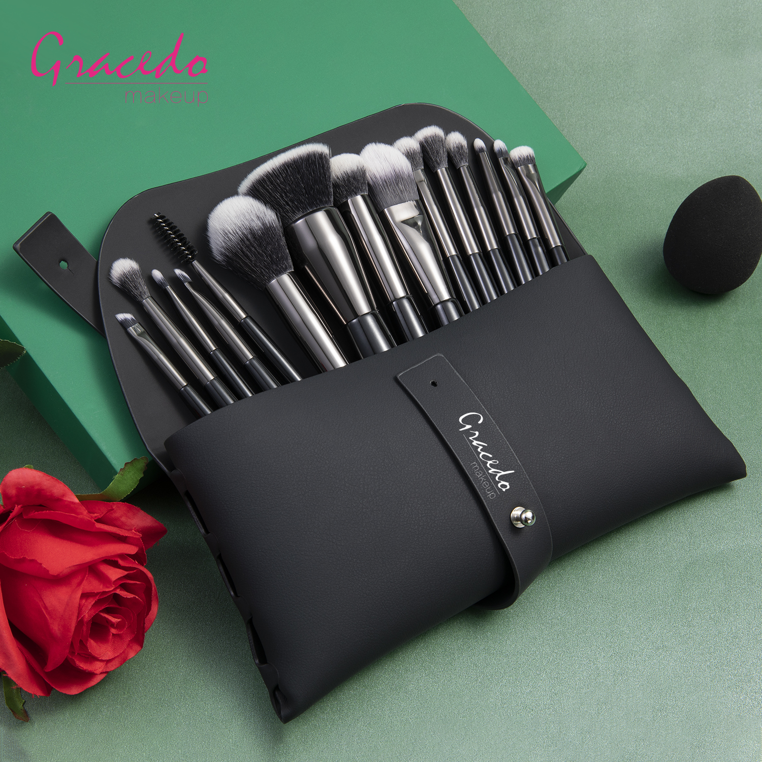 Gracedo 15 Pieces Black Makeup Brush Set High Quality Professional Custom logo Luxury Low Moq Makeup Brush Set with Bag
