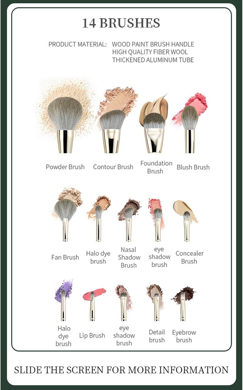 Private Label 14pcs Green Wooden Handle Cosmetic Makeup Brush Kits Natural Hair Vegan Makeup Brushes Set