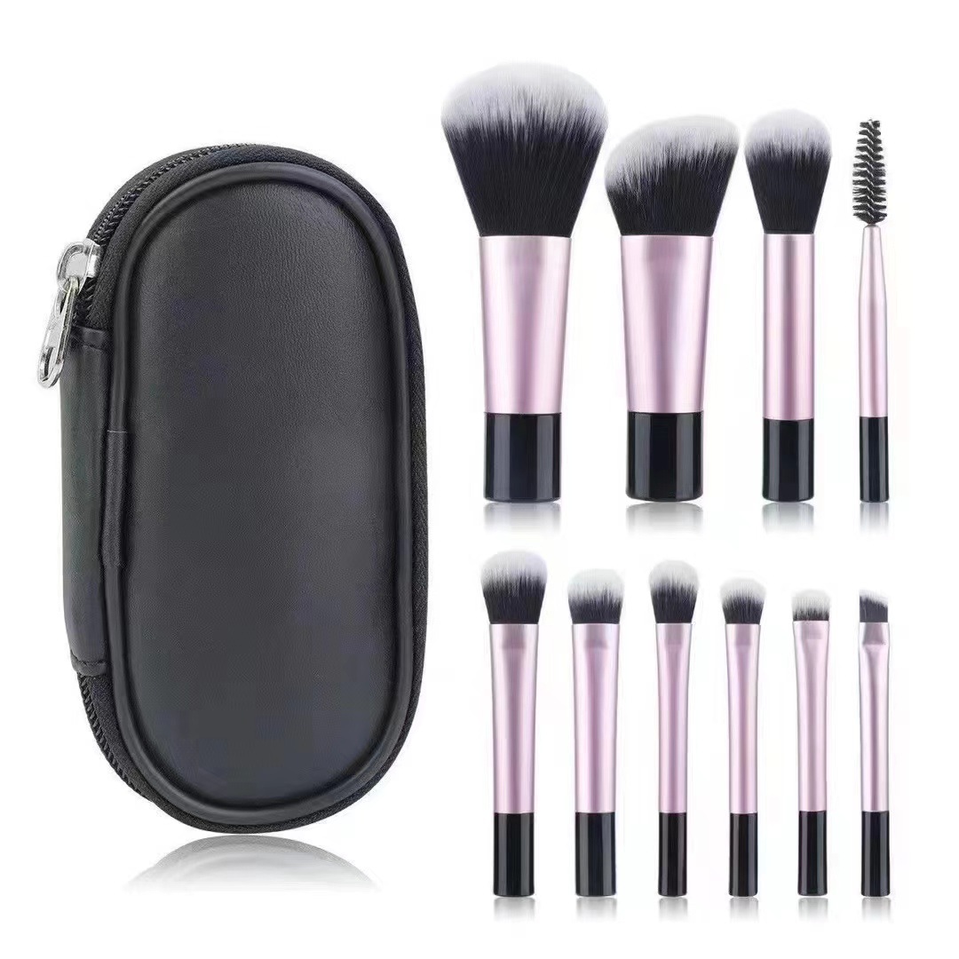 Travel Friendly 10 PCS Vegan Soft Synthetic Makeup Brush Set Cosmetic Brushes Collection Full Face Makeup Brush Kit with PU Bag