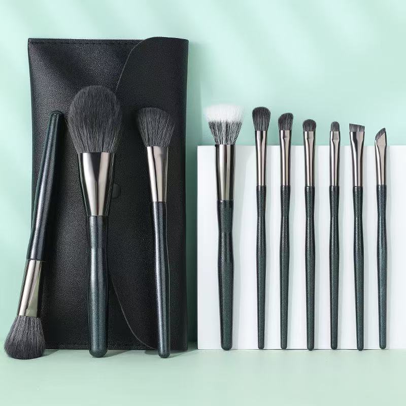 Wholesale 10-Piece Top Grade Synthetic Fibre Green Wooden Handle Eyeshadow Foundation Makeup Brush Set Facial Beauty Tool for