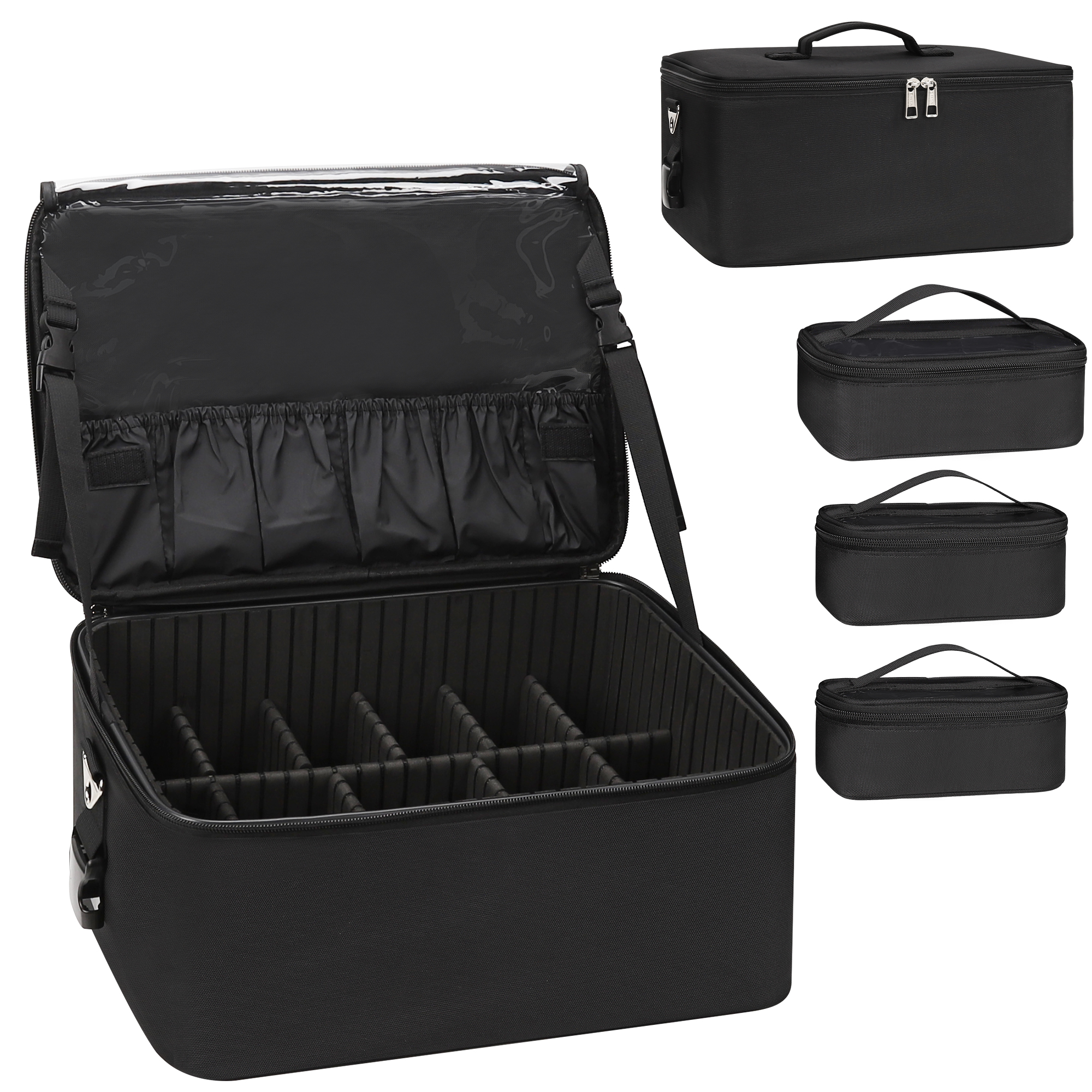 RelaveI Adjustable Makeup Organizer with 3 Sets of Clear Pockets Brush Holder and Cosmetic Bags &amp; Cases