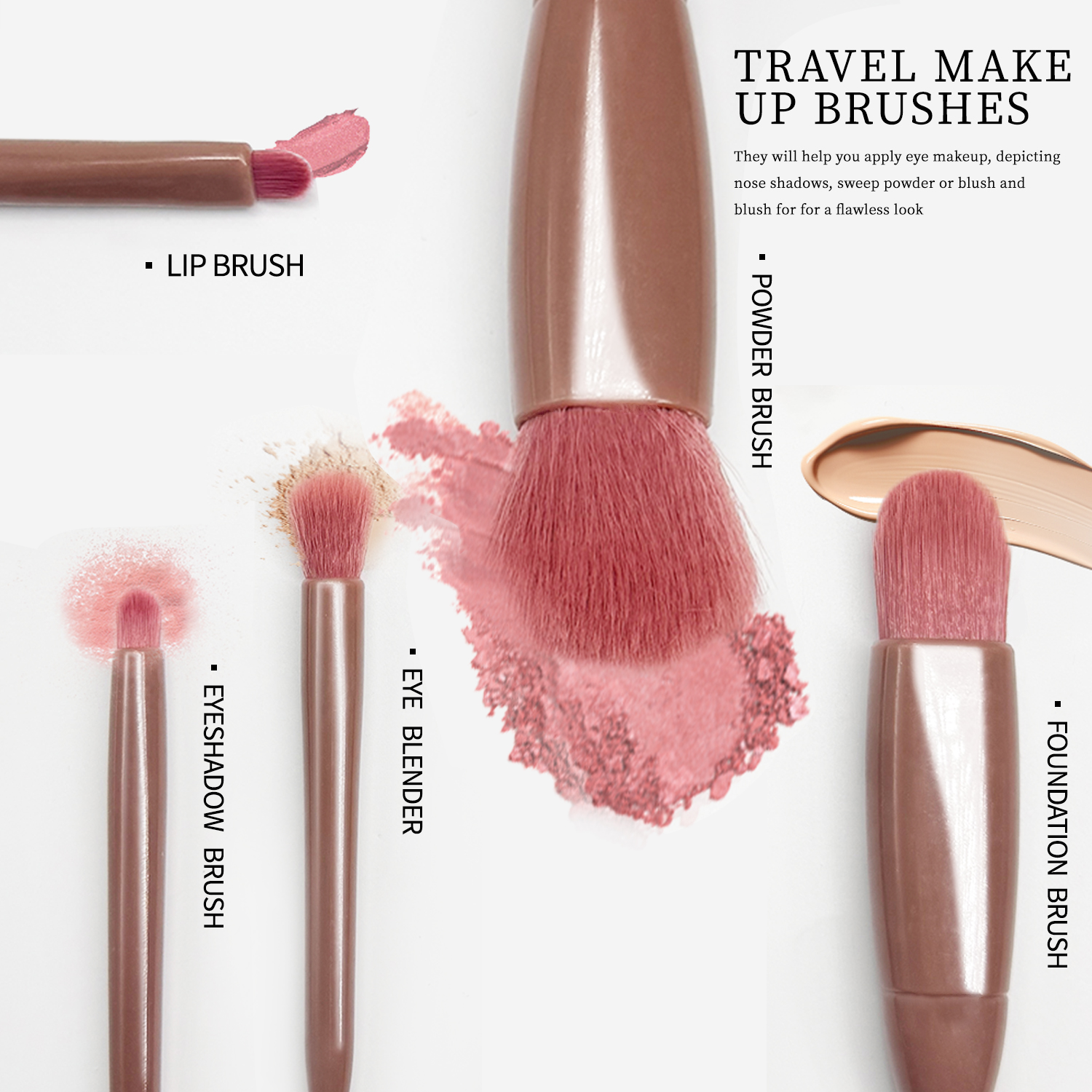 Cute Portable 5-Piece Pink Mini Travel Face Makeup Brush Set with Fan Brush Waterproof Cosmetic Kit with Mirror Eyebrow Pencil