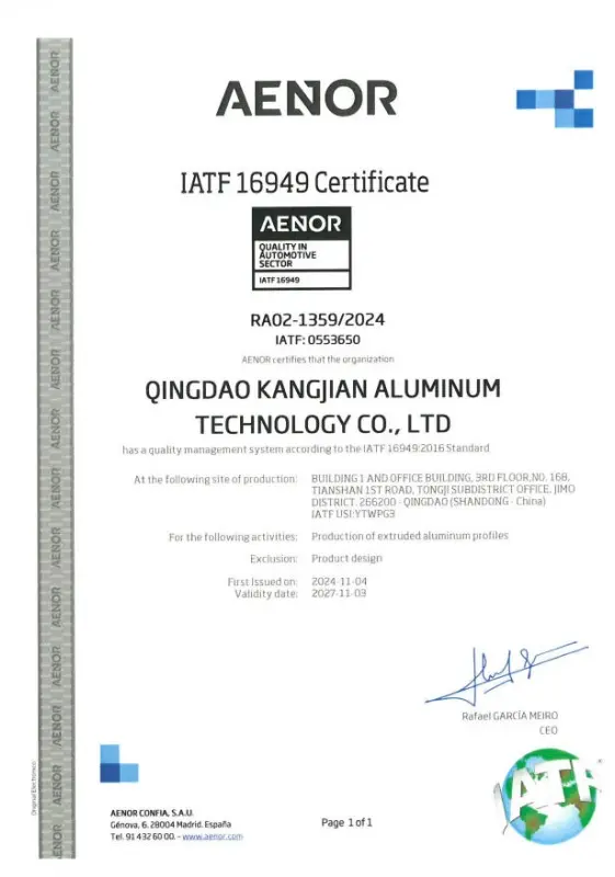 Kangjian IATF 16949 Automotive Industry Quality Management certification