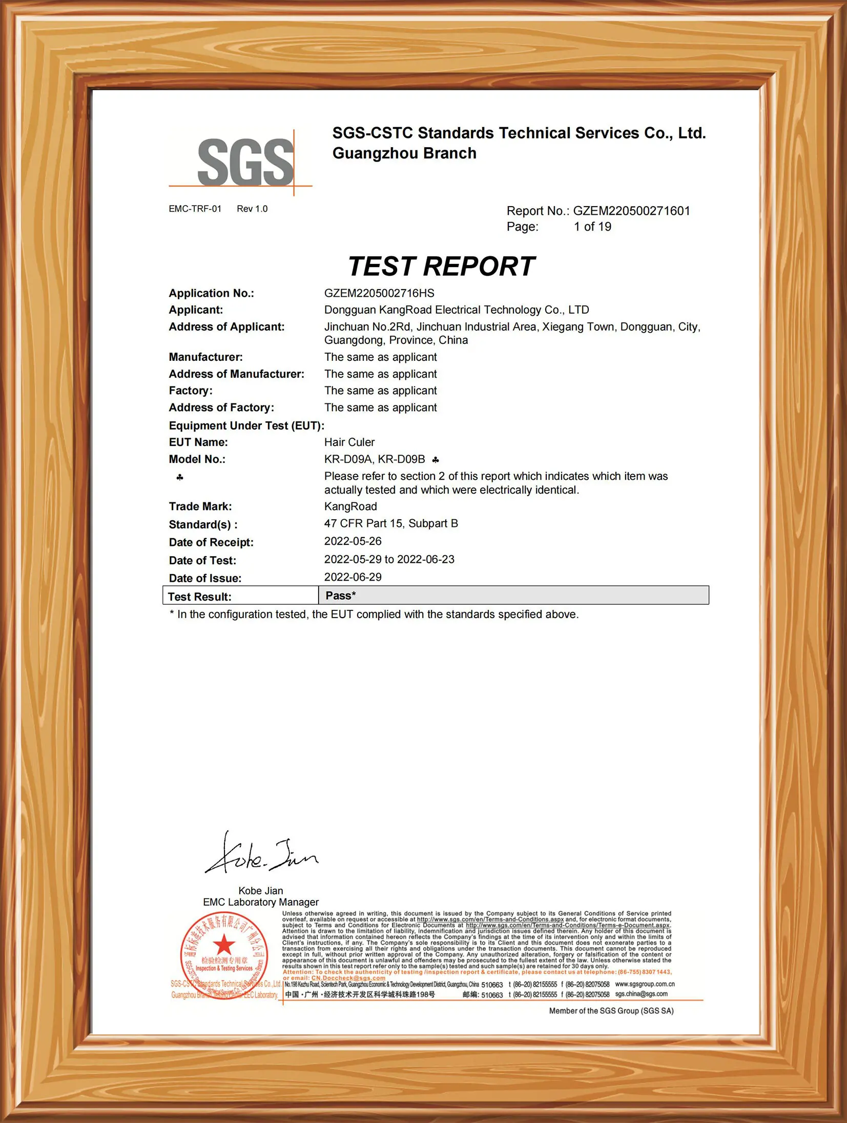 KR-D09A KR-D09B FCC Certification Report Page 2