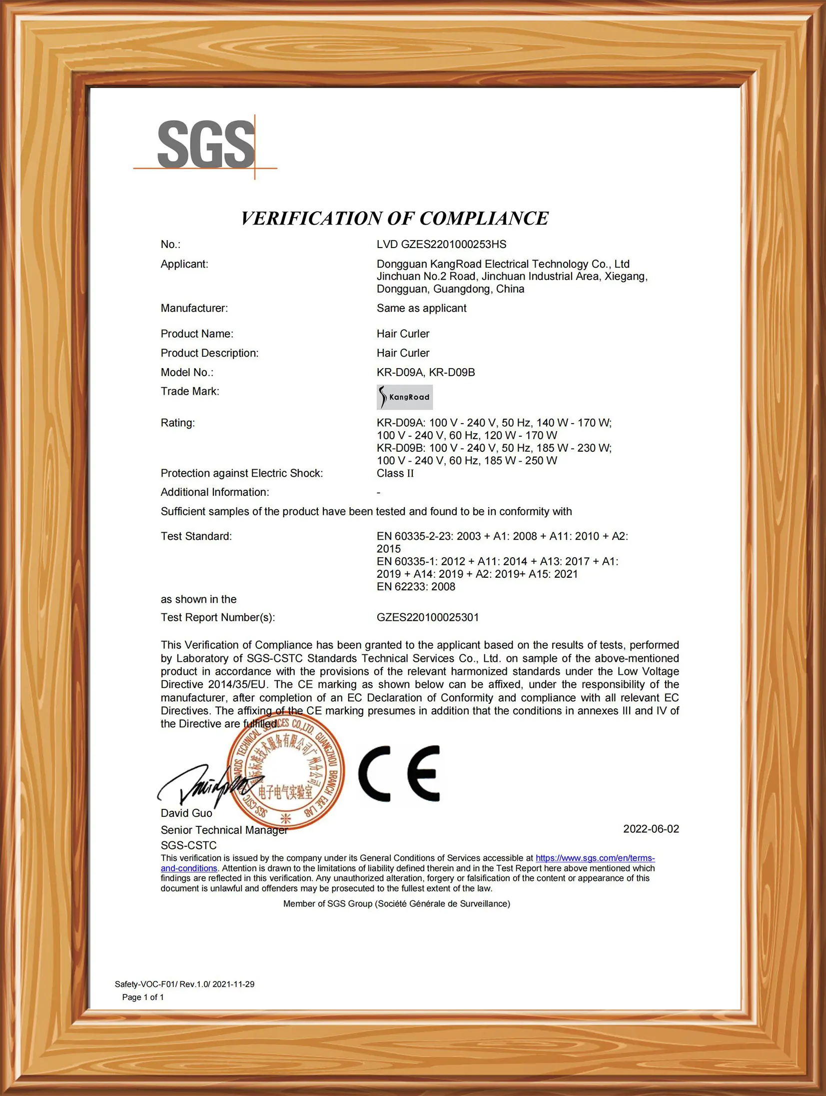 KR-D09A KR-D09B CE LVD UKCA Certification Document