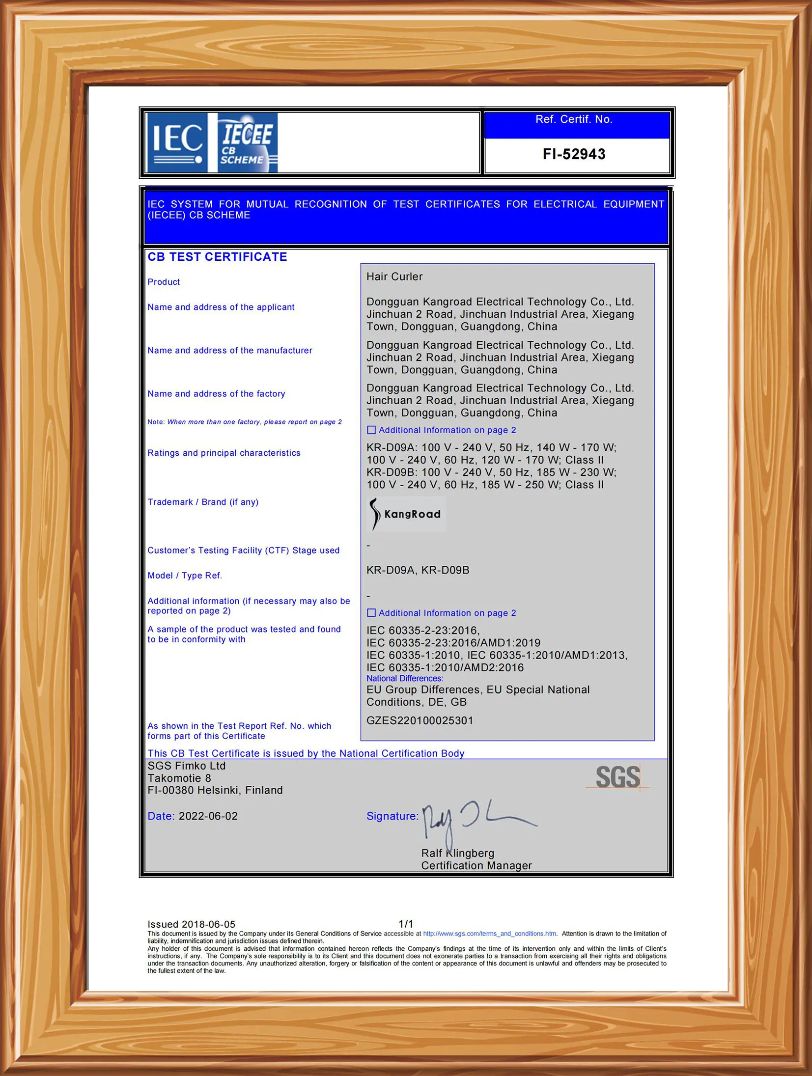 KR-D09A KR-D09B CE LVD UKCA Certification Document Page 2