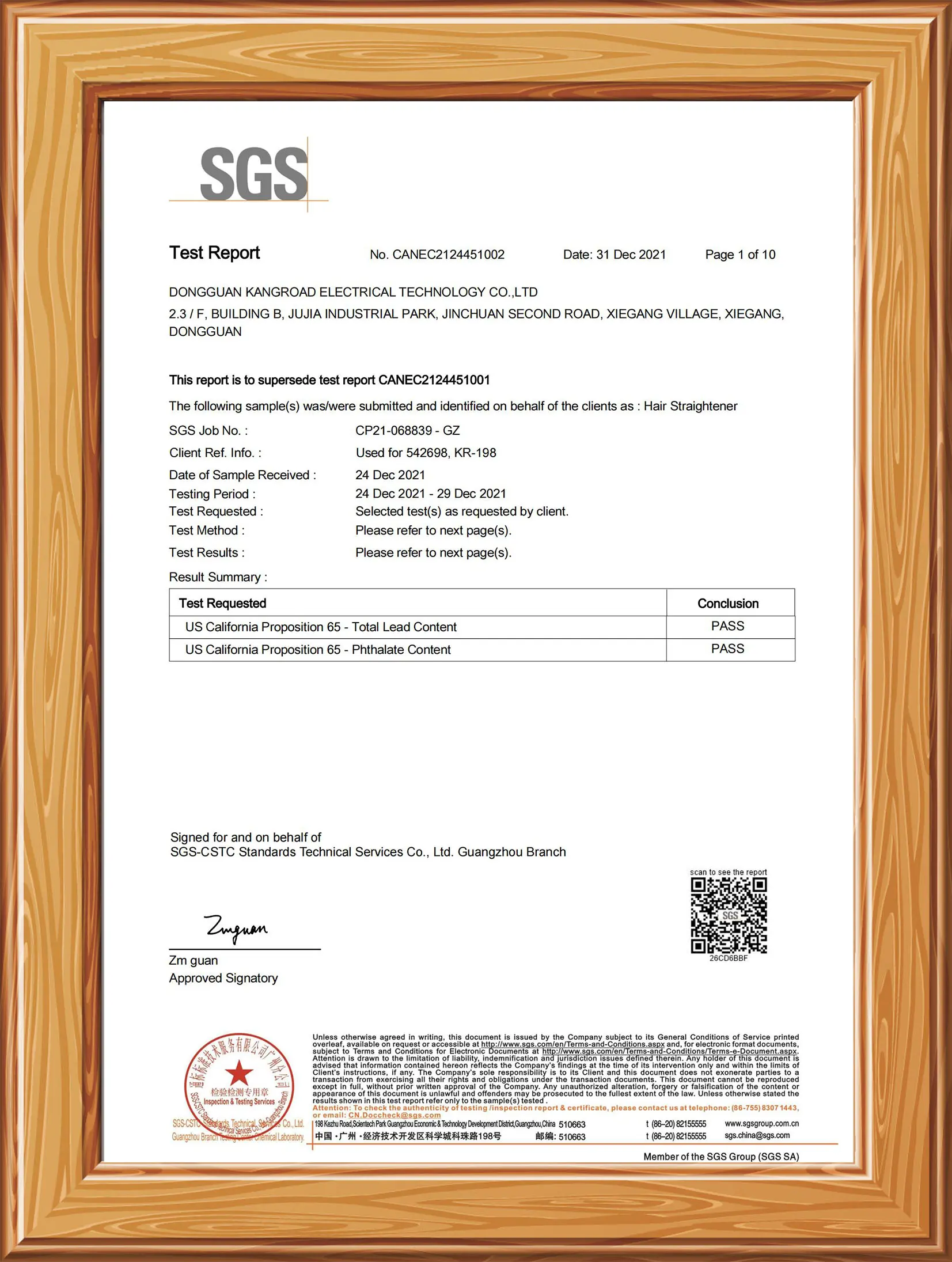 KR-198 California Proposition 65 Official Test Report