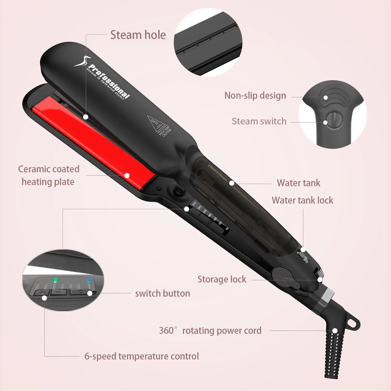 China Private Label Steam Hair Straightener Ceramic Coated Infrared Flat Iron Suppliers, Factories