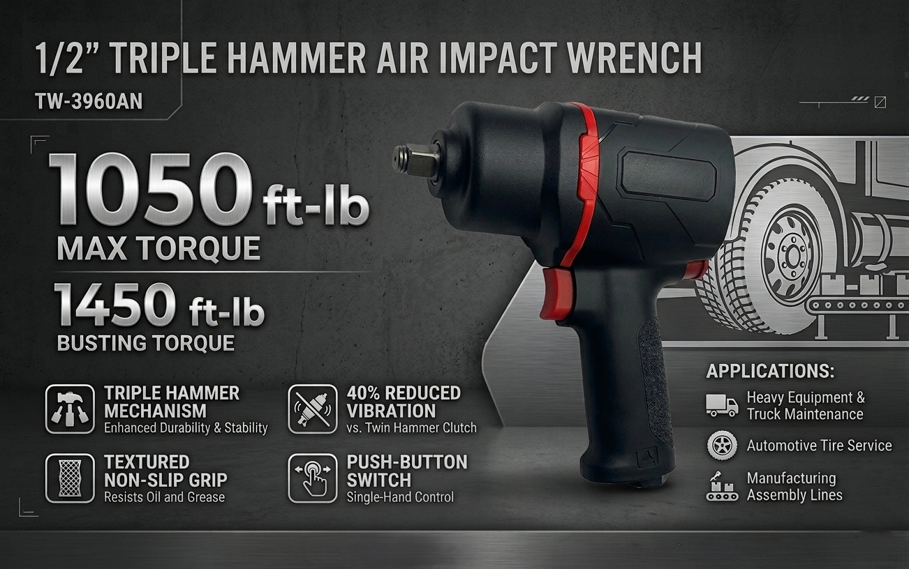 1/2" triple hammer pneumatic impact wrench for auto repair heavy duty air impact wrench for truck and tire service