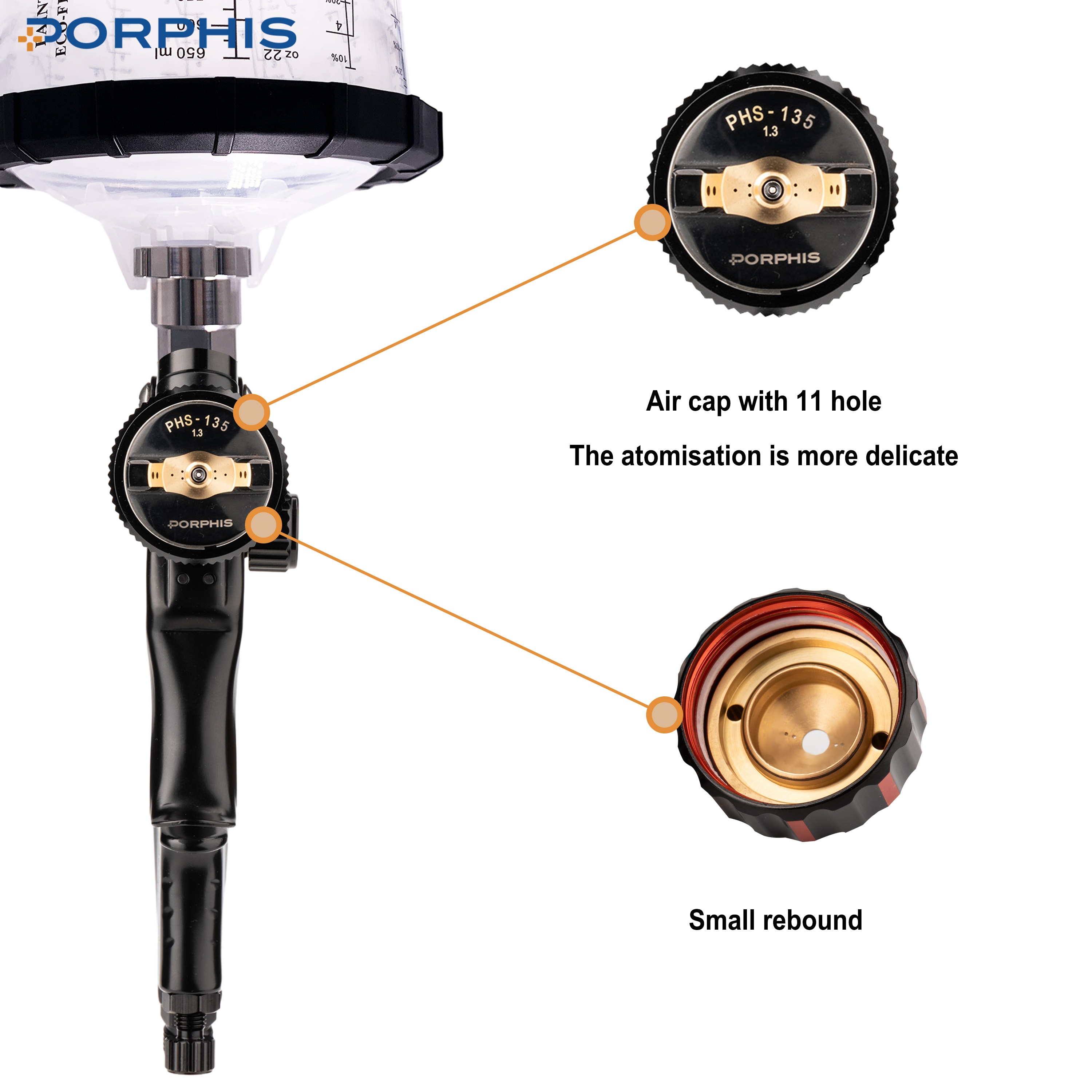 PORPHIS PHS-135B Professional 1.3mm Nozzle Spray Gun Pneumatic Air Paint Sprayer with Paint Mixing Cups for Car Painting Kit