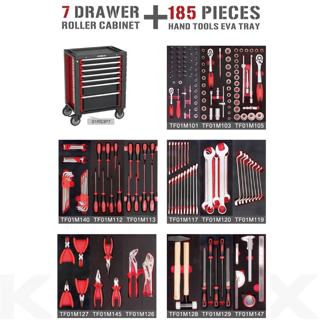 Kinbox Professional Workshop Tool Trolley With 185 Pcs Mechanic Hand Tools EVA Tray Tool Sets