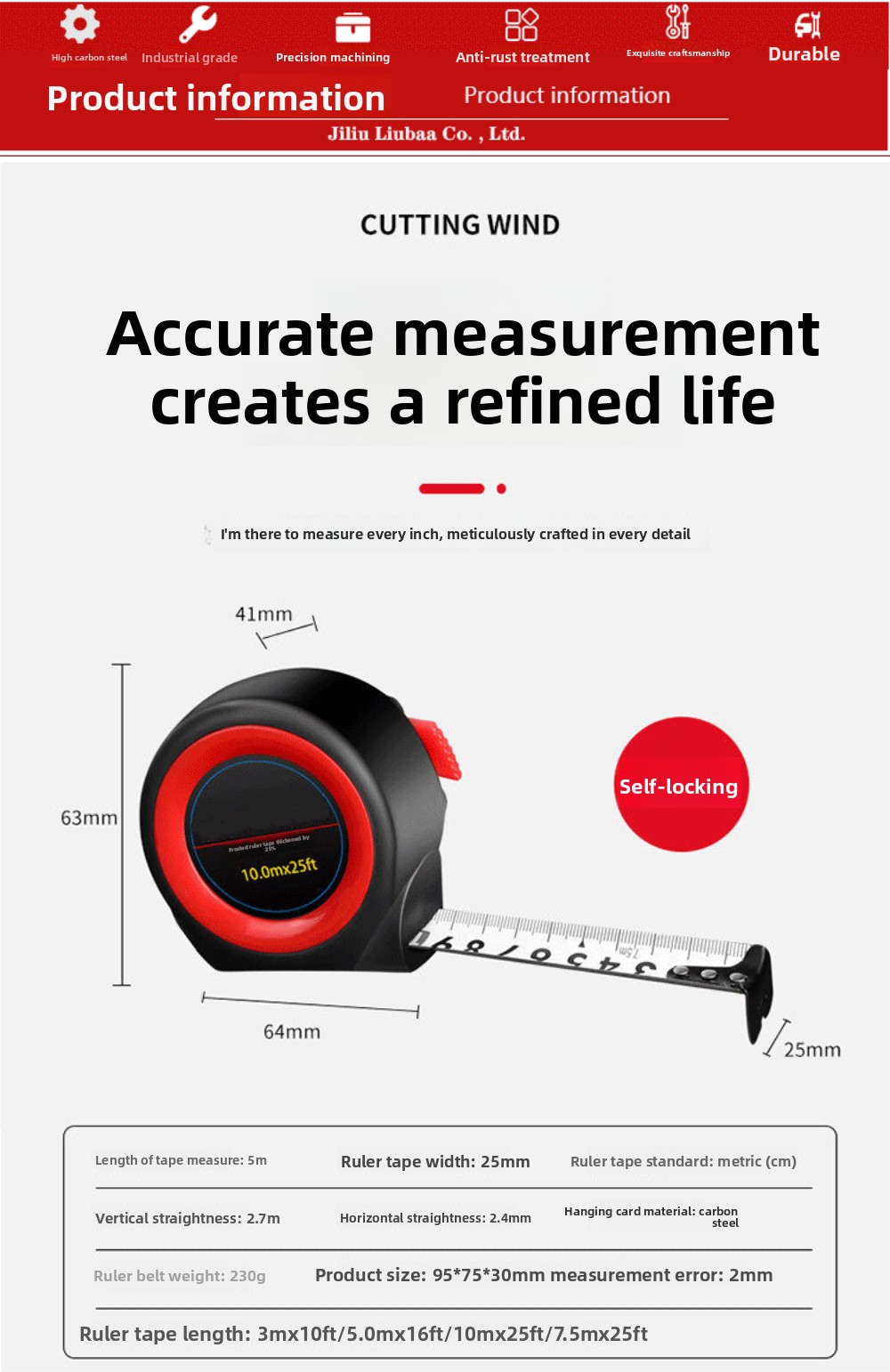 Thickened Steel Tape Measure with First Level Accuracy, Metric and Imperial Self-locking Anti Drop Tape Measure