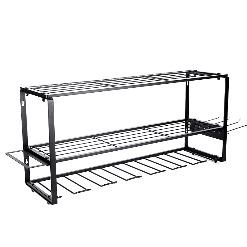 Custom Heavy Duty Power 3 Layer Tool Organizer Wall Mount Metal Garage Shelf 7 Drill Hanger Storage Rack