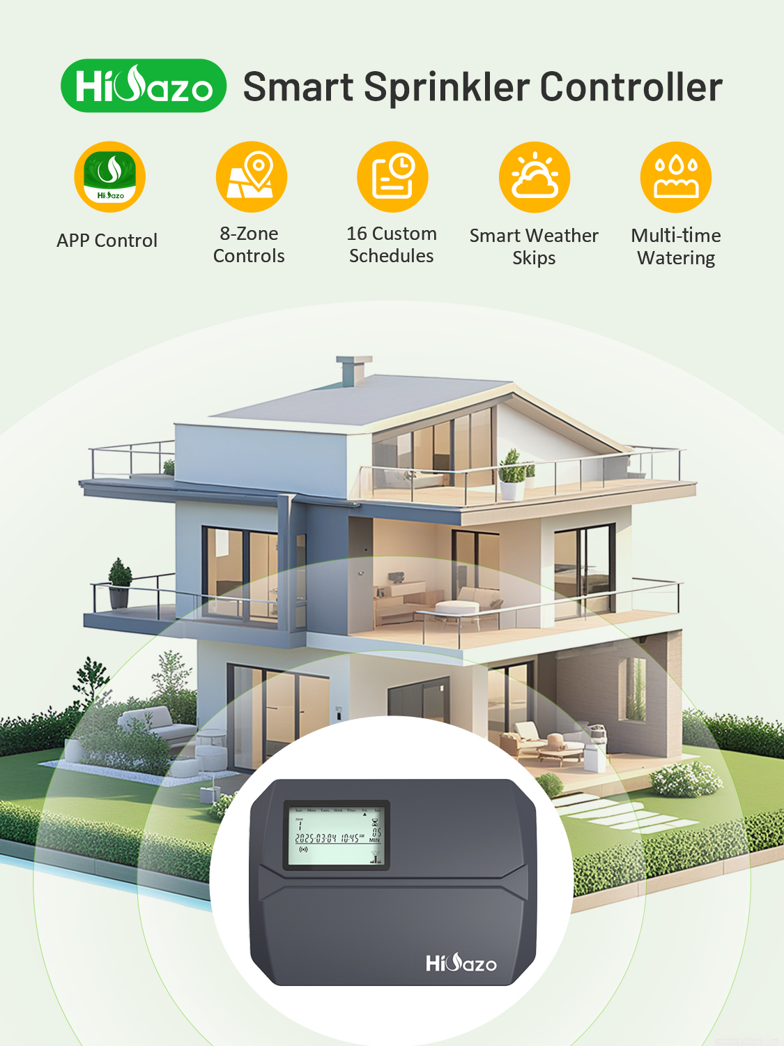 HiOazo HSC-800W WiFi Sprinkler Controller with Smart Weather Skips, Water Hammer Protection for Lawn, Garden, Court
