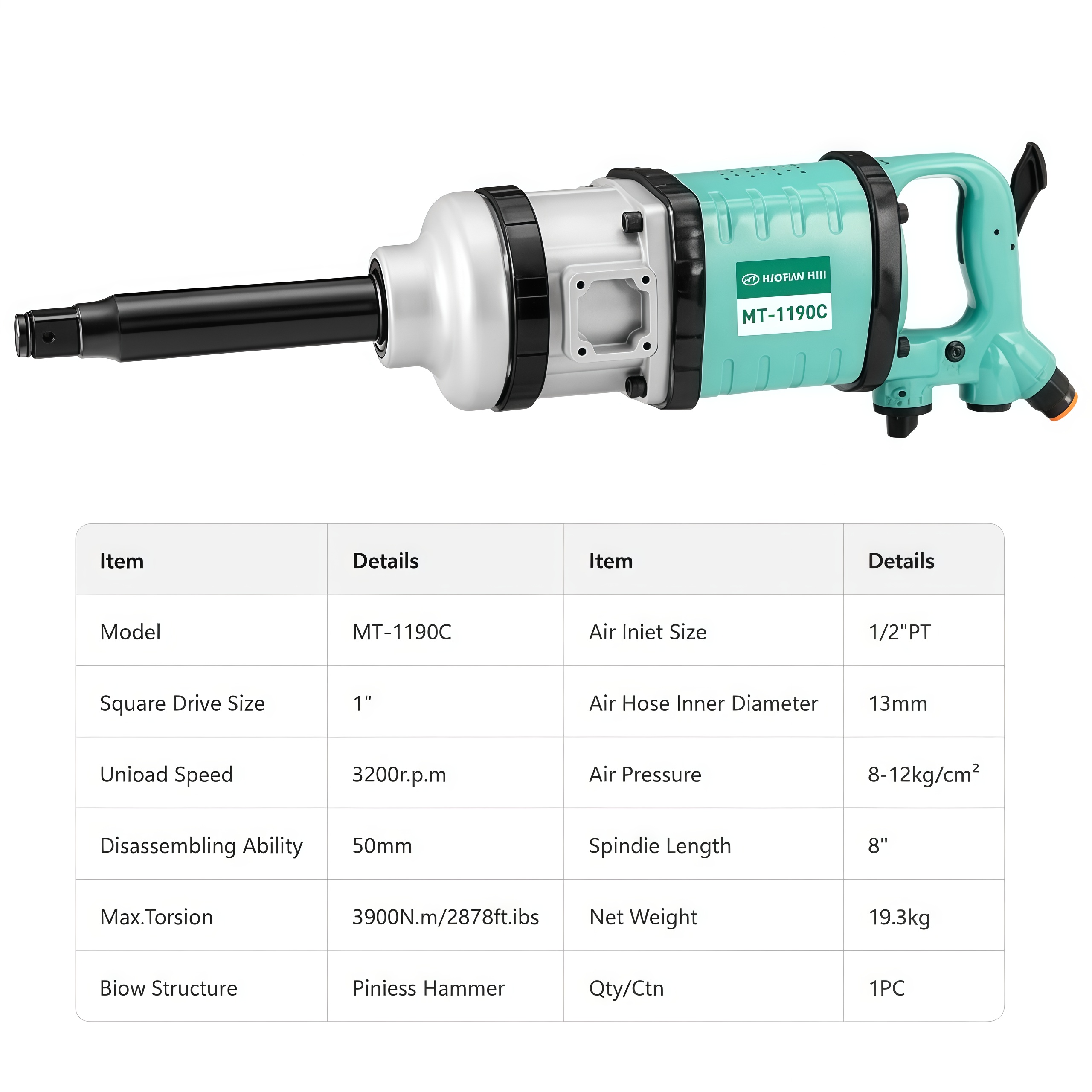 Maotian 1190C Pneumatic Tools High Torque Pneumatic Impact Wrench Maximum Elastic Torque 3900N.m Car Tire Repair Tool Wrench