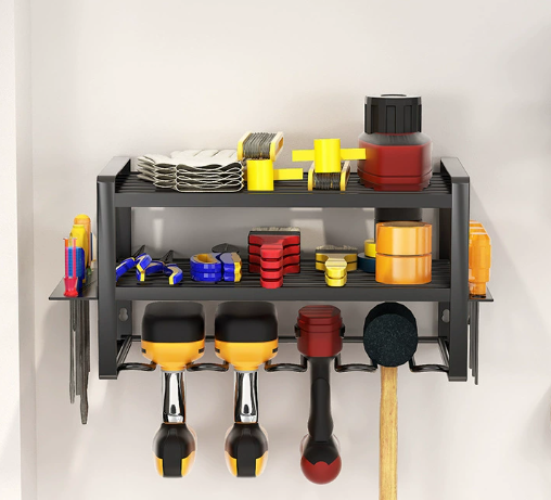 Wall-mounted Metal Tool Storage Rack Adjustable Drill Bit and Screwdriver Organizer with Charging Station