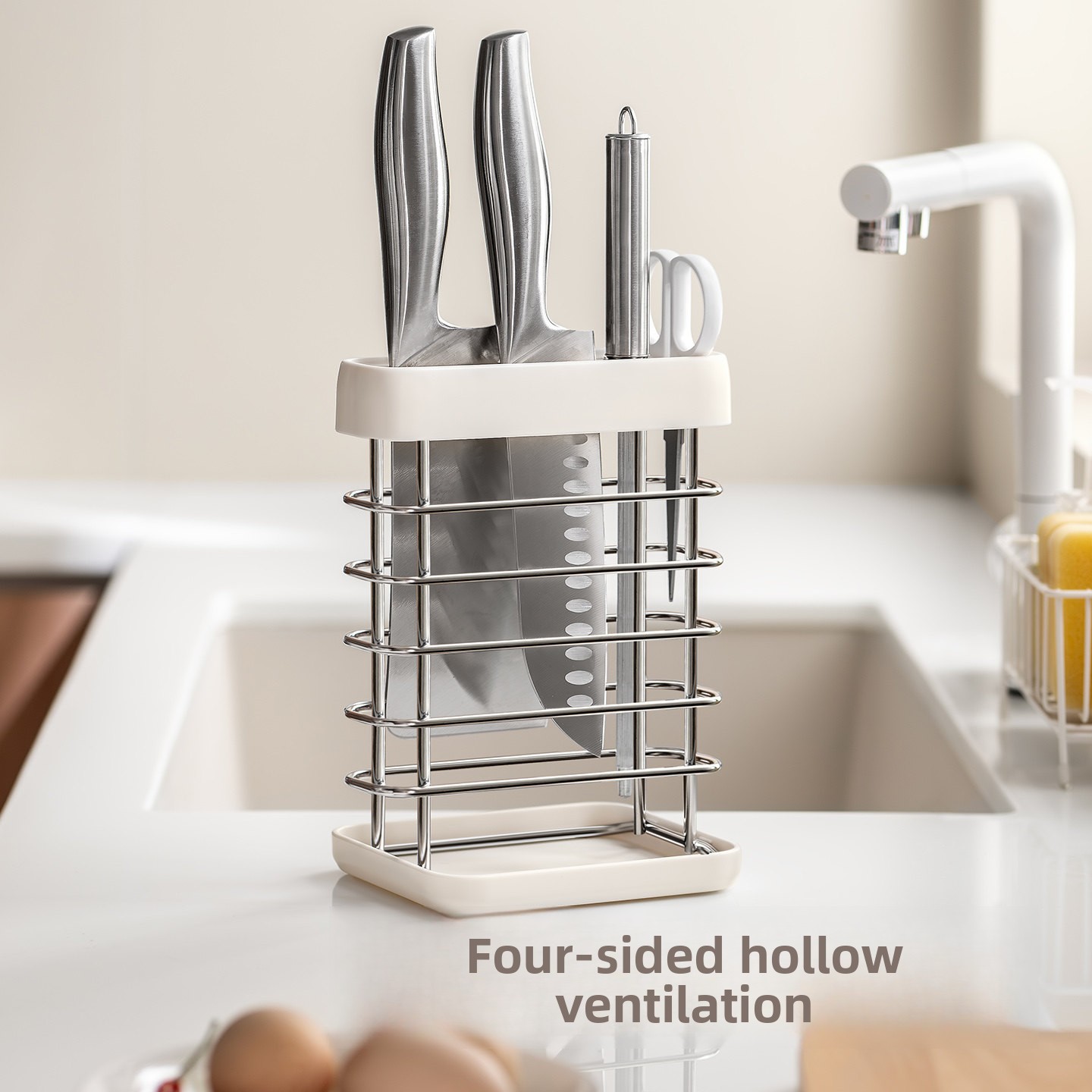 LANZYLO ODM Non-folding Stainless Steel Rectangular Standing Kitchen Knife Holder Shelf Multifunctional Countertop Tools Storage
