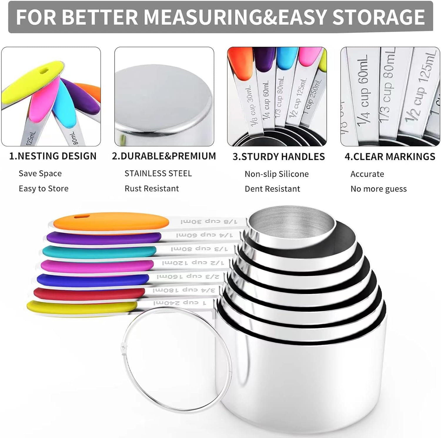 Magnetic Stainless Steel Measuring Tools Set Popular Measuring Cups and Spoons for Baking and Liquid