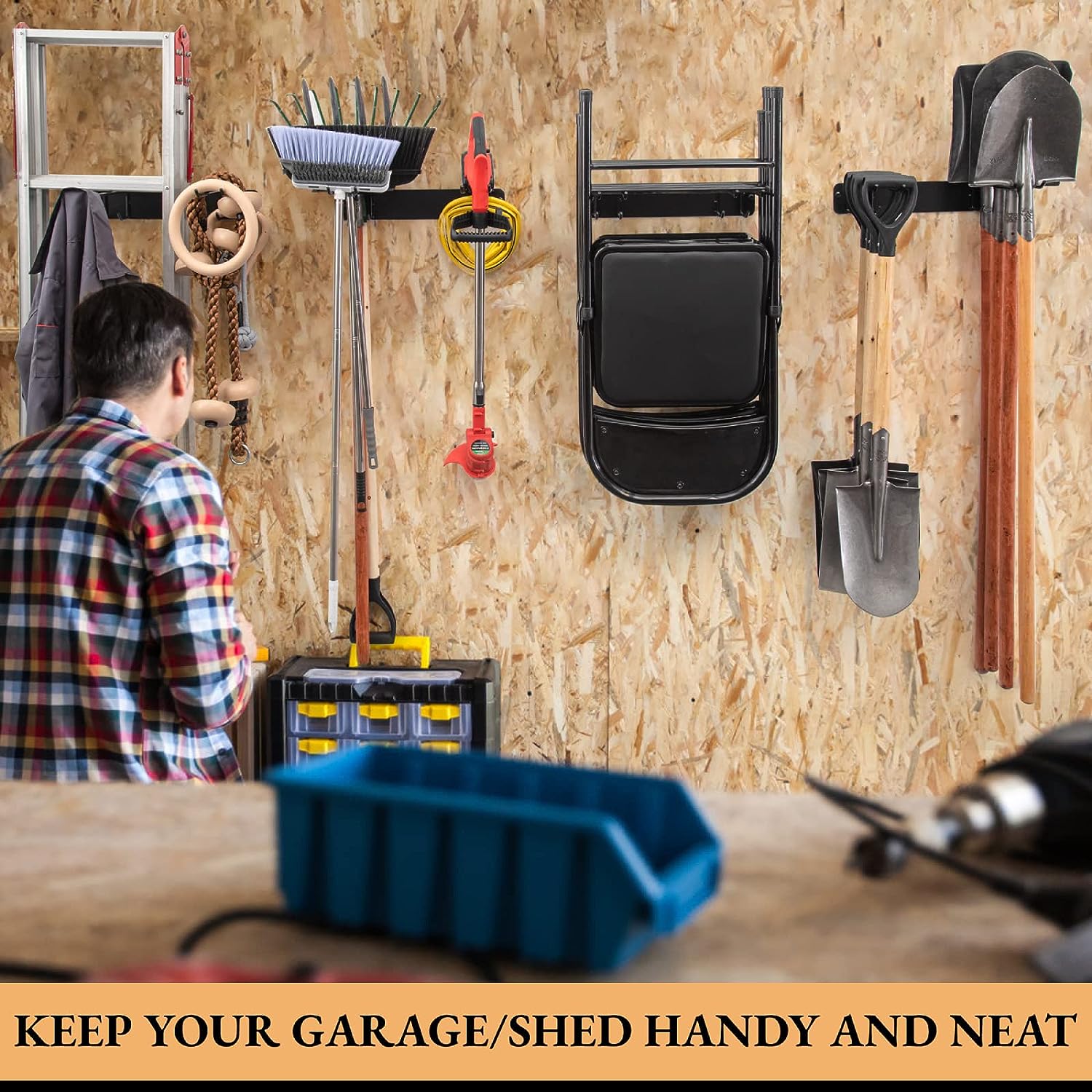Multifunctional Outdoor Gardening Power Storage Rack Three-Layer Carbon Steel Tool Wall Mount Display Organizer Garage Use Black