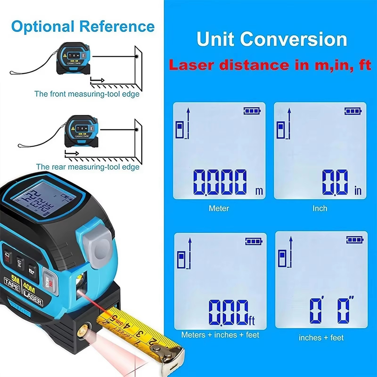 3 in 1 Laser Distance Meter 40m/130ft Digital Measuring Instrument Tape Measure Distance Area Volume Tool Laser Distance Meter