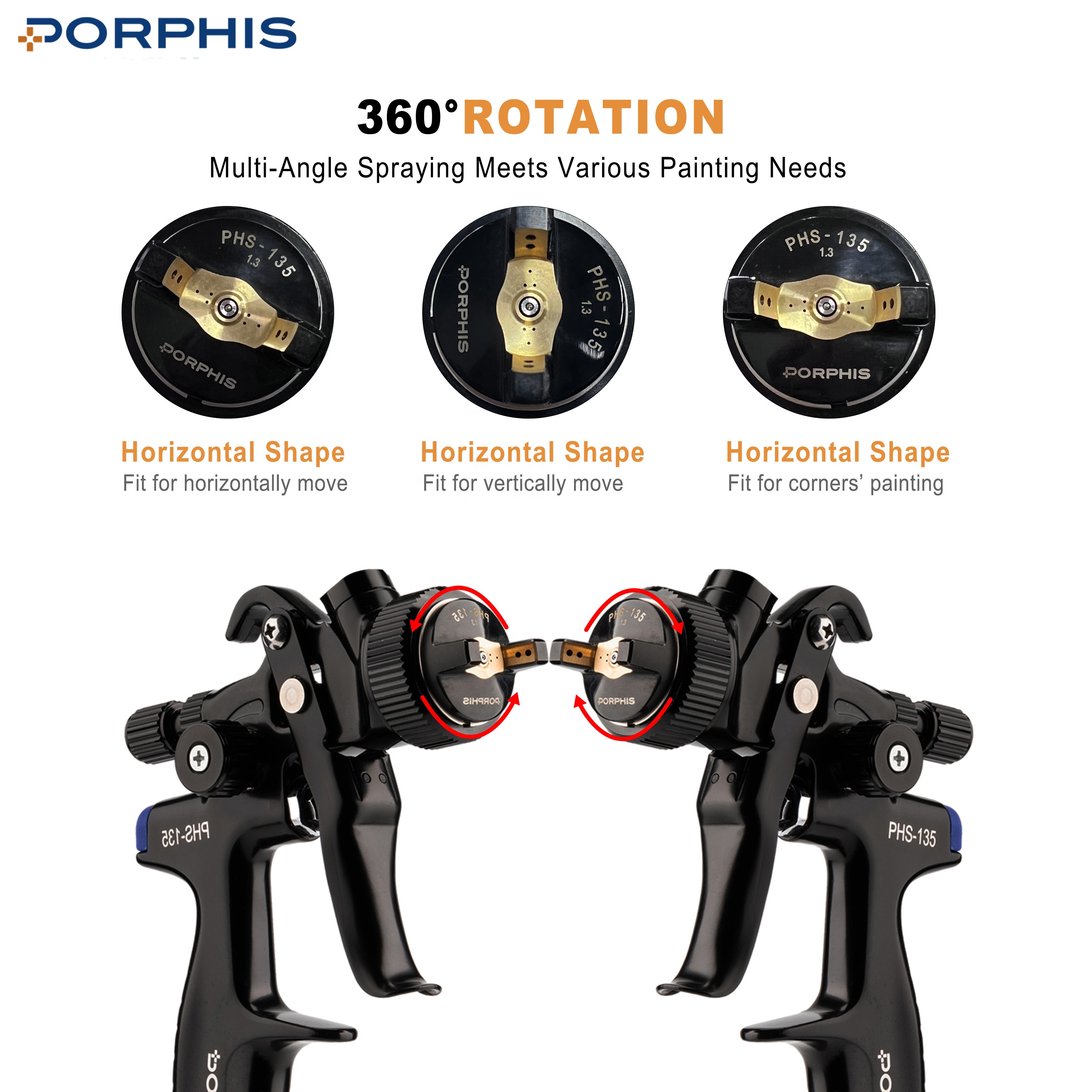 PORPHIS PHS-135B Professional 1.3mm Nozzle Spray Gun Pneumatic Air Paint Sprayer with Paint Mixing Cups for Car Painting Kit