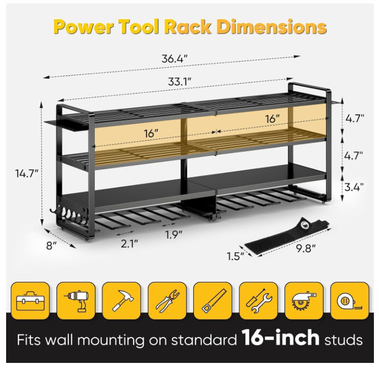 Large 4-Layer Wall Mount Metal Power Tool Organizer Heavy-Duty 400lbs Capacity 8 Cordless Drill Holder Racks Modern Battery