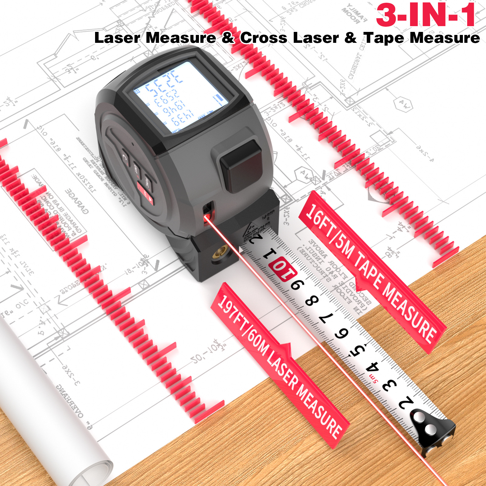 Anticorrosion Retractable Woodworking Ruler Wear-Resistant Steel Tape Measure Laser Distance Meter