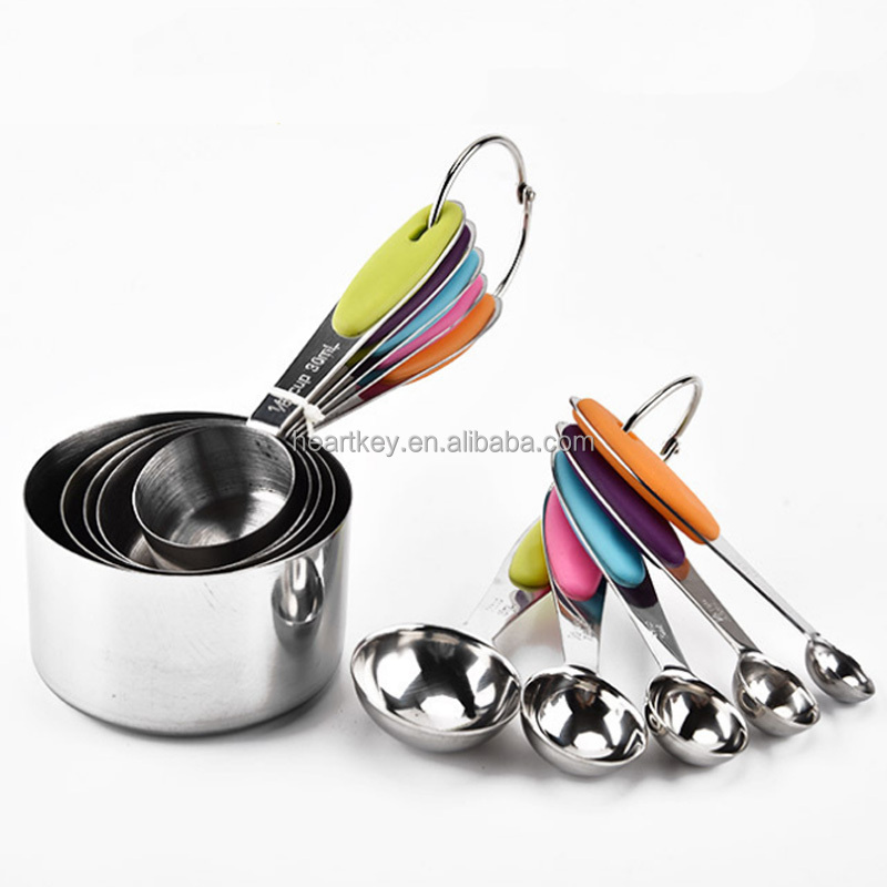 Food Grade Adjustable 10pcs Stainless Steel Measuring Cups and Spoons Set with Nonslip Silicone Handle