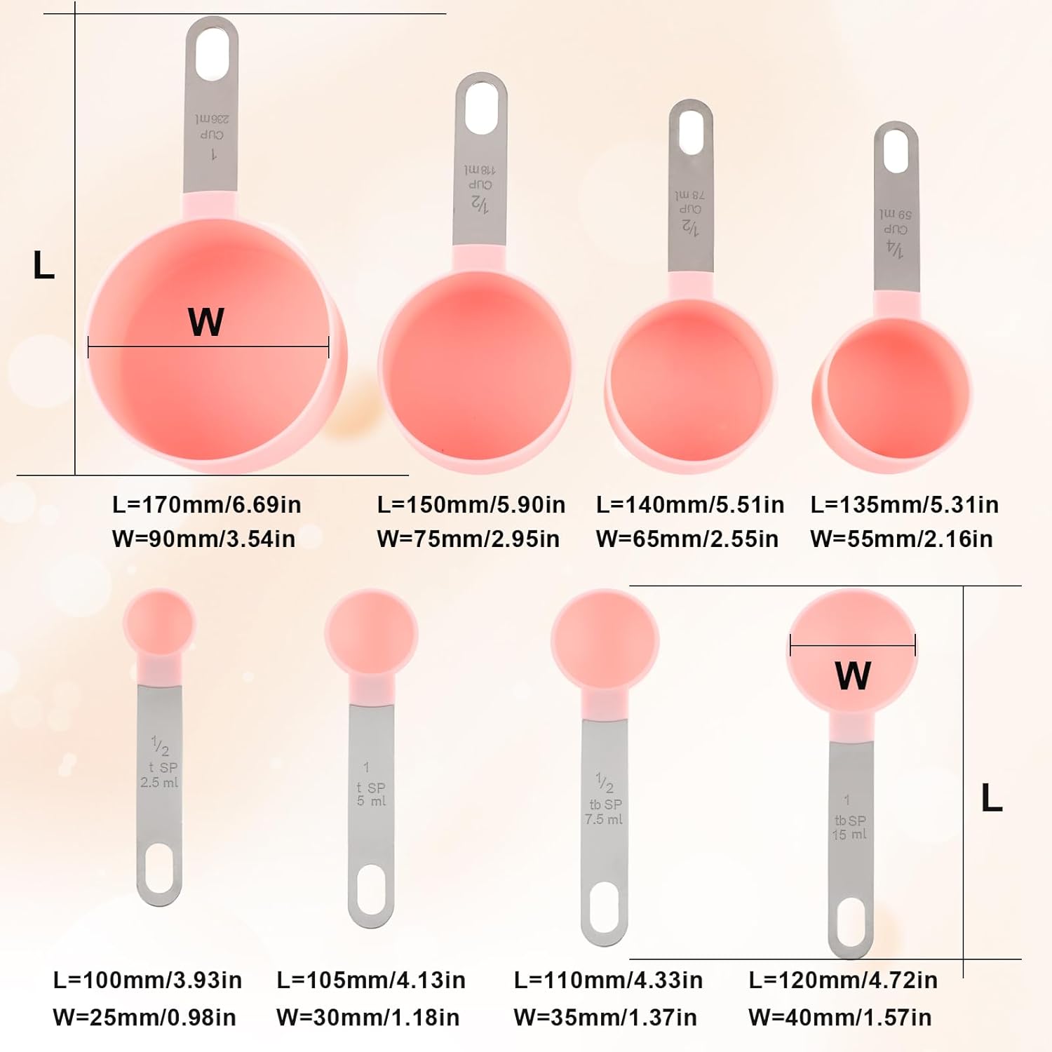 Measuring Cup and Spoon Set with Stainless Steel Handles 8-Piece Baking &amp; Liquid Measuring Tool Made in China