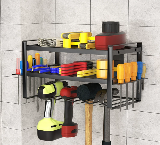 Wall-mounted Metal Tool Storage Rack Adjustable Drill Bit and Screwdriver Organizer with Charging Station